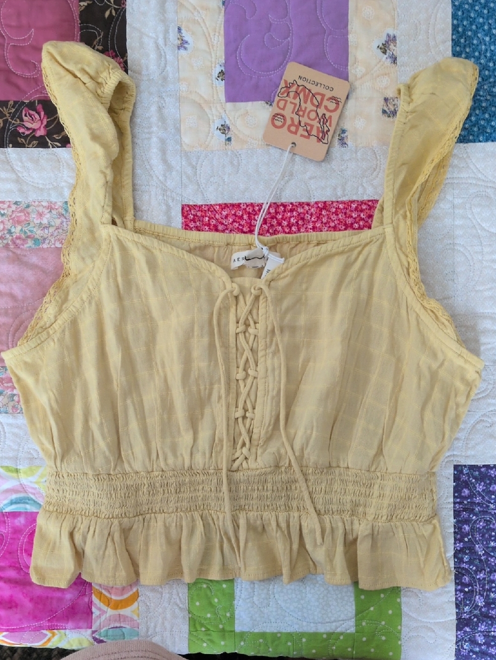 Aeropostale Yellow Lace-Up Ruffle Crop Camisole